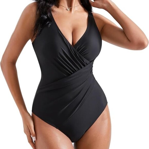 Black Swimsuit Tummy Control Ruched Criss Cross Size XL NWOT #2213 - Picture 1 of 5